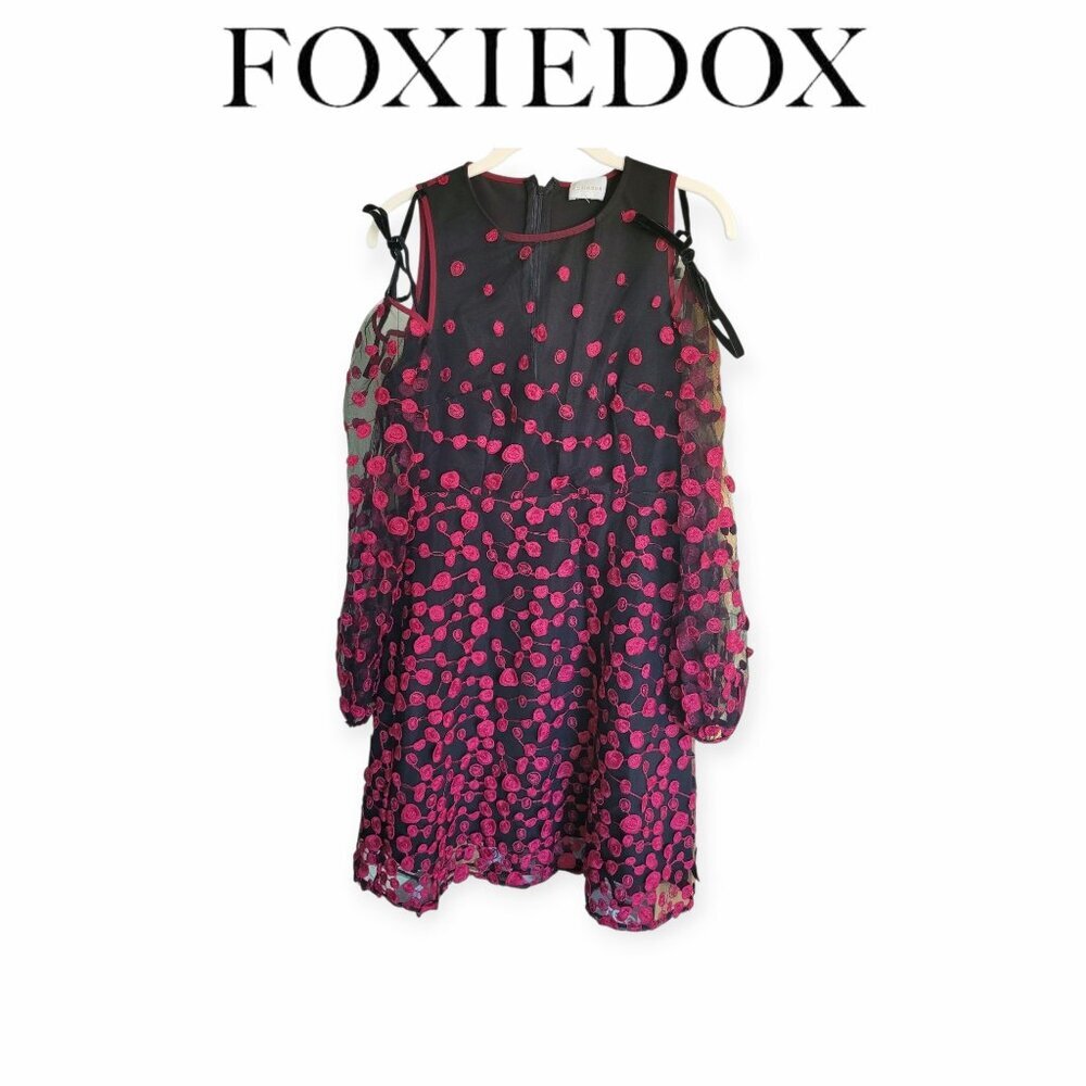 XS Foxiedox Embroidered Cut-Out Shoulder Dress – Party Ready & Luxe Textures